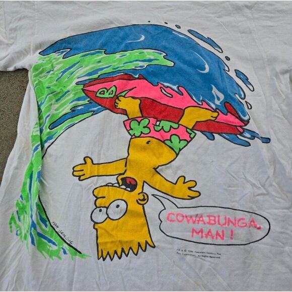 Vtg 80s 90s The Simpsons Bart Simpson Cowabunga T Shirt White Large Big Print - Picture 2 of 6
